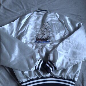 Lg King Louie Profit Embroidered Bomber Jacket- Silver, Sailboat Back 90s RetrO